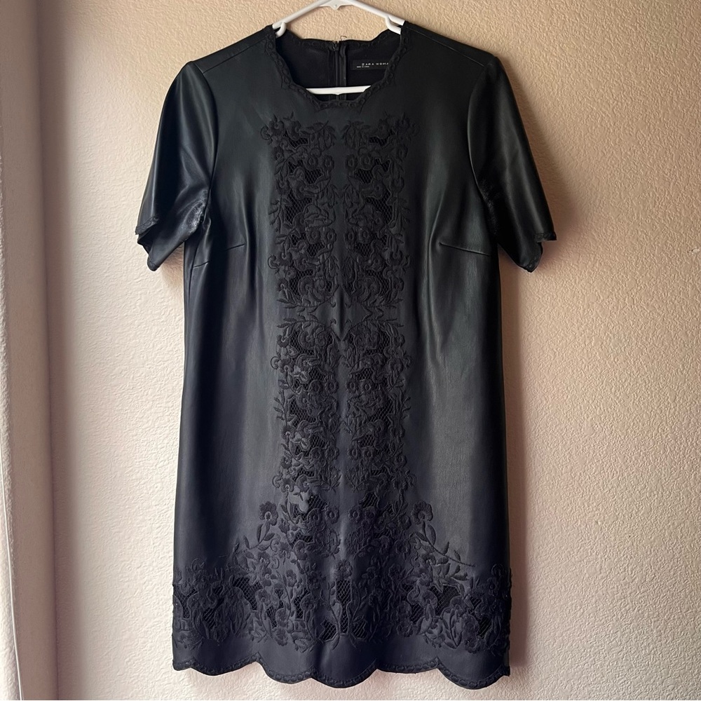 Zara Woman Black Faux Leather Mini Dress with Embroidered Detail
